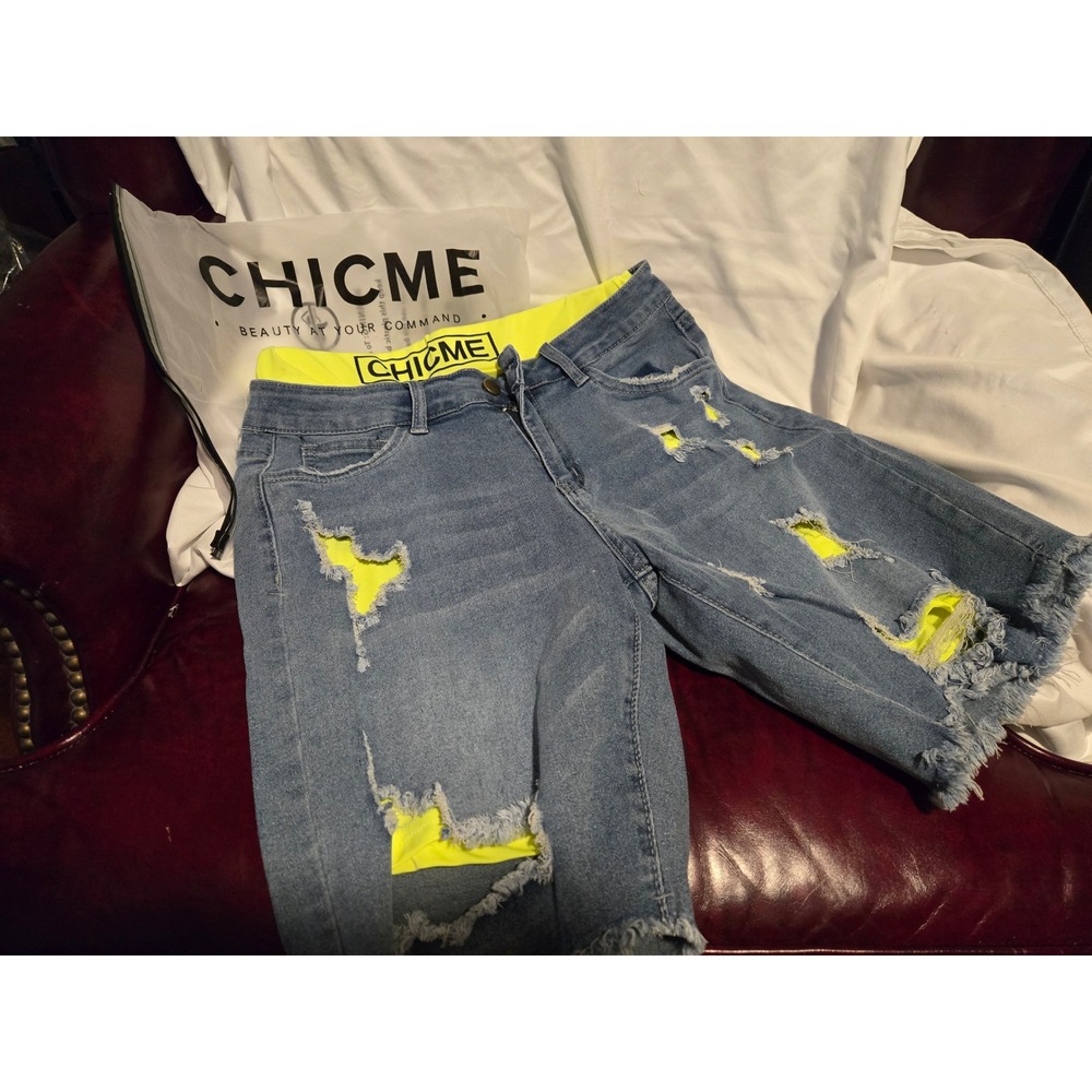 CHICME Distressed Denim Shorts Neon Yellow Cutout Frayed Hem Women's Size M 8-10